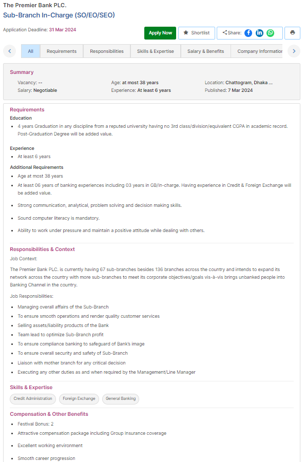 Premier Bank PLC. Job