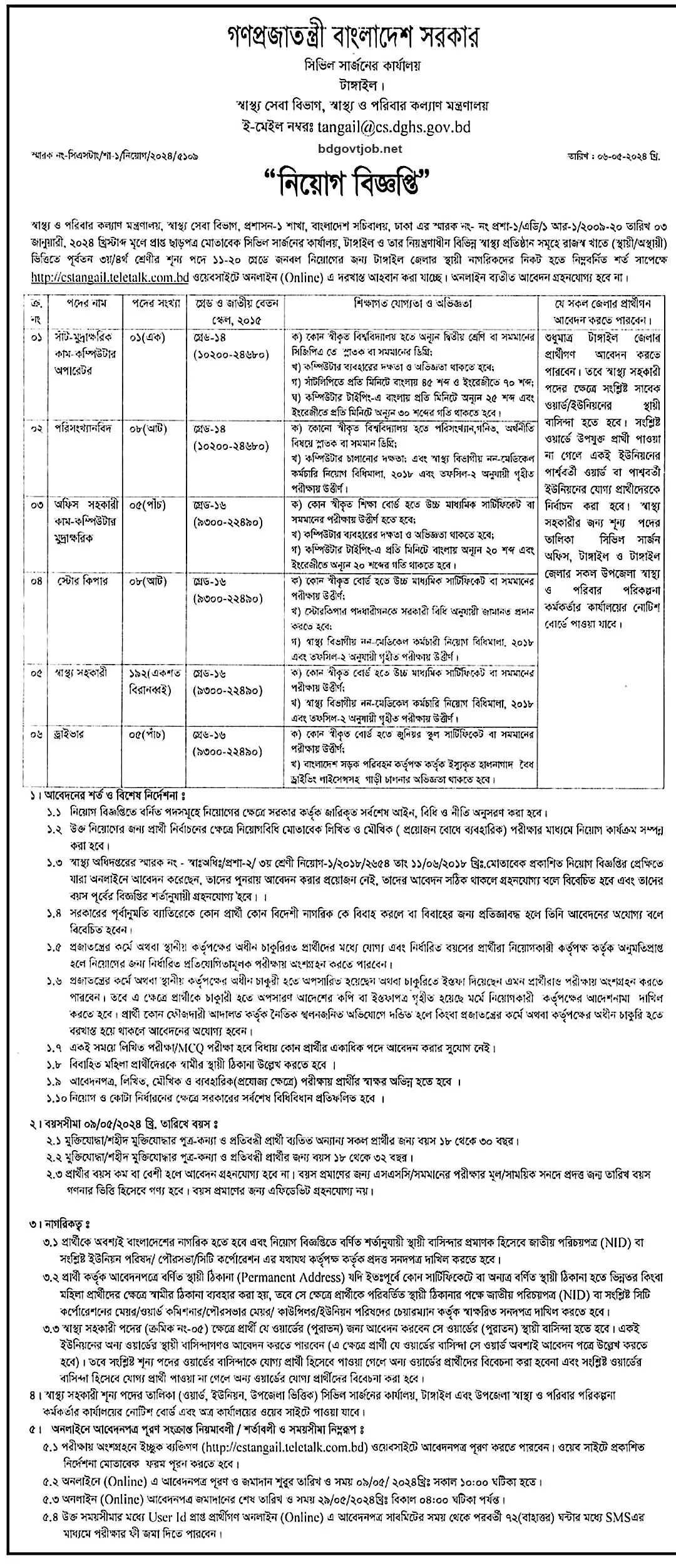 Civil Surgeon Office Job Circular 2024 tangail